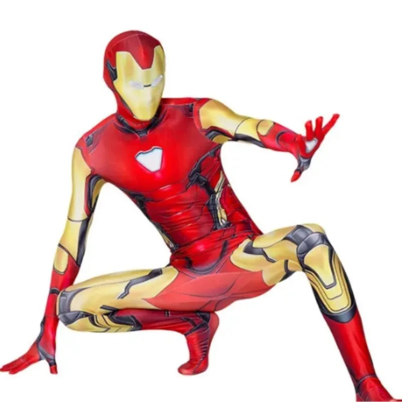 Red superhero spandex bodysuit with gold armor print; chest emblem, full sleeves.
