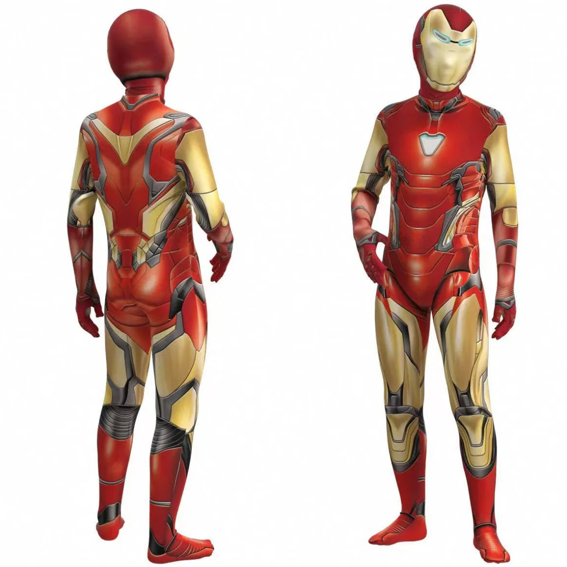 Red superhero spandex bodysuit with gold armor print; front and back views.