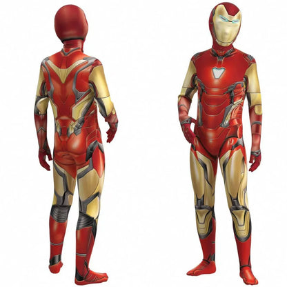 Red superhero spandex bodysuit with gold armor print; front and back views.