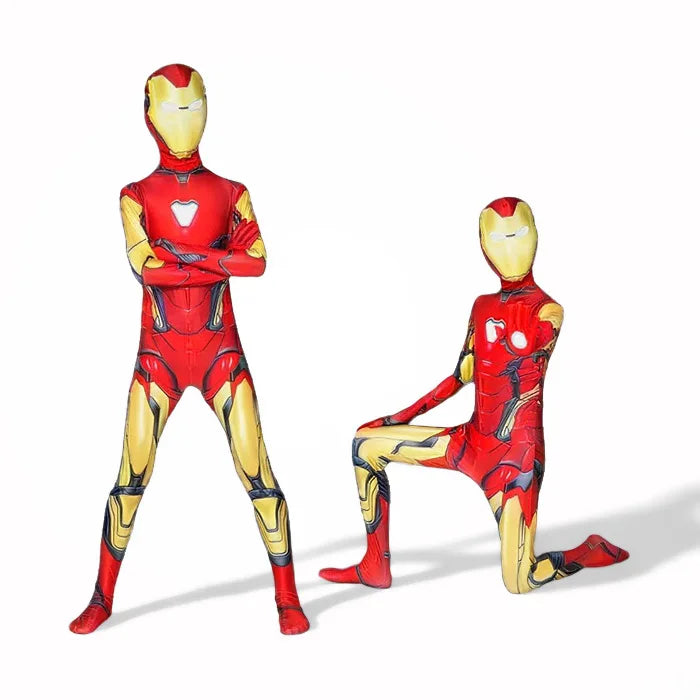 Red and gold armor-print spandex bodysuit with chest emblem; front and side pose.