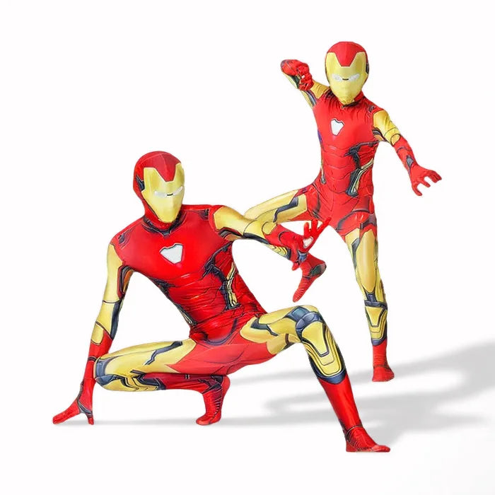 Red and gold armor-print spandex bodysuit with chest emblem; crouching poses.