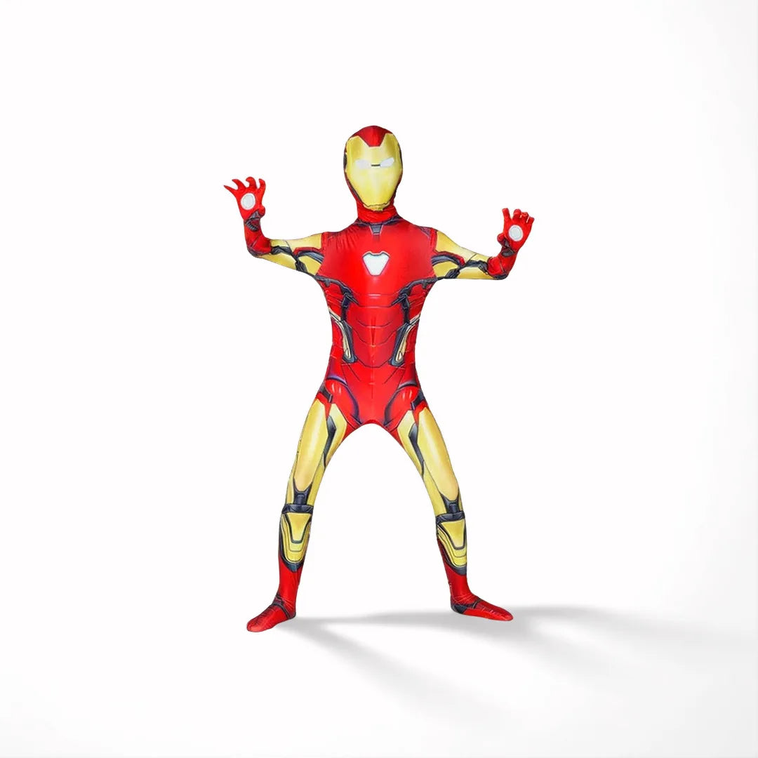 Red and gold armor-print spandex bodysuit with chest emblem; arms raised standing.