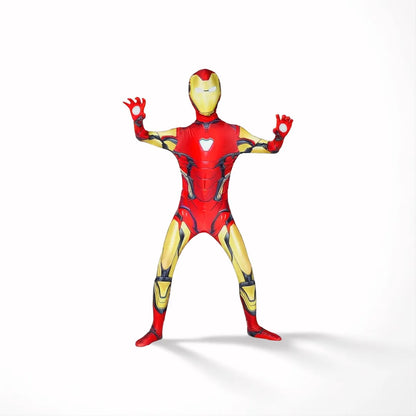 Red and gold armor-print spandex bodysuit with chest emblem; arms raised standing.