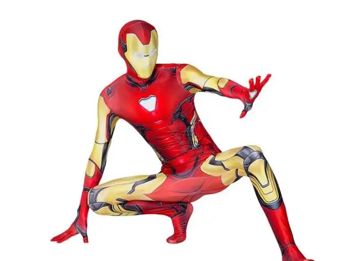 Red superhero spandex bodysuit with gold armor print; outstretched arm, crouch pose.