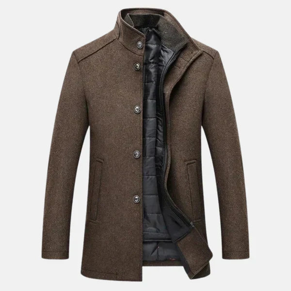 Men's brown wool stand-collar coat with button front and black lining