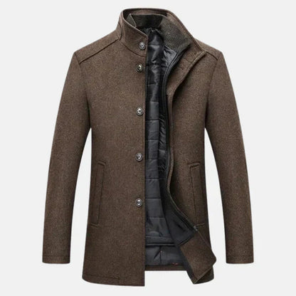 Men's brown wool stand-collar coat with button front and black lining
