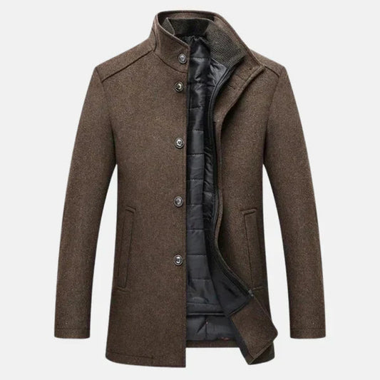 Men's brown wool stand-collar coat with button front and black lining