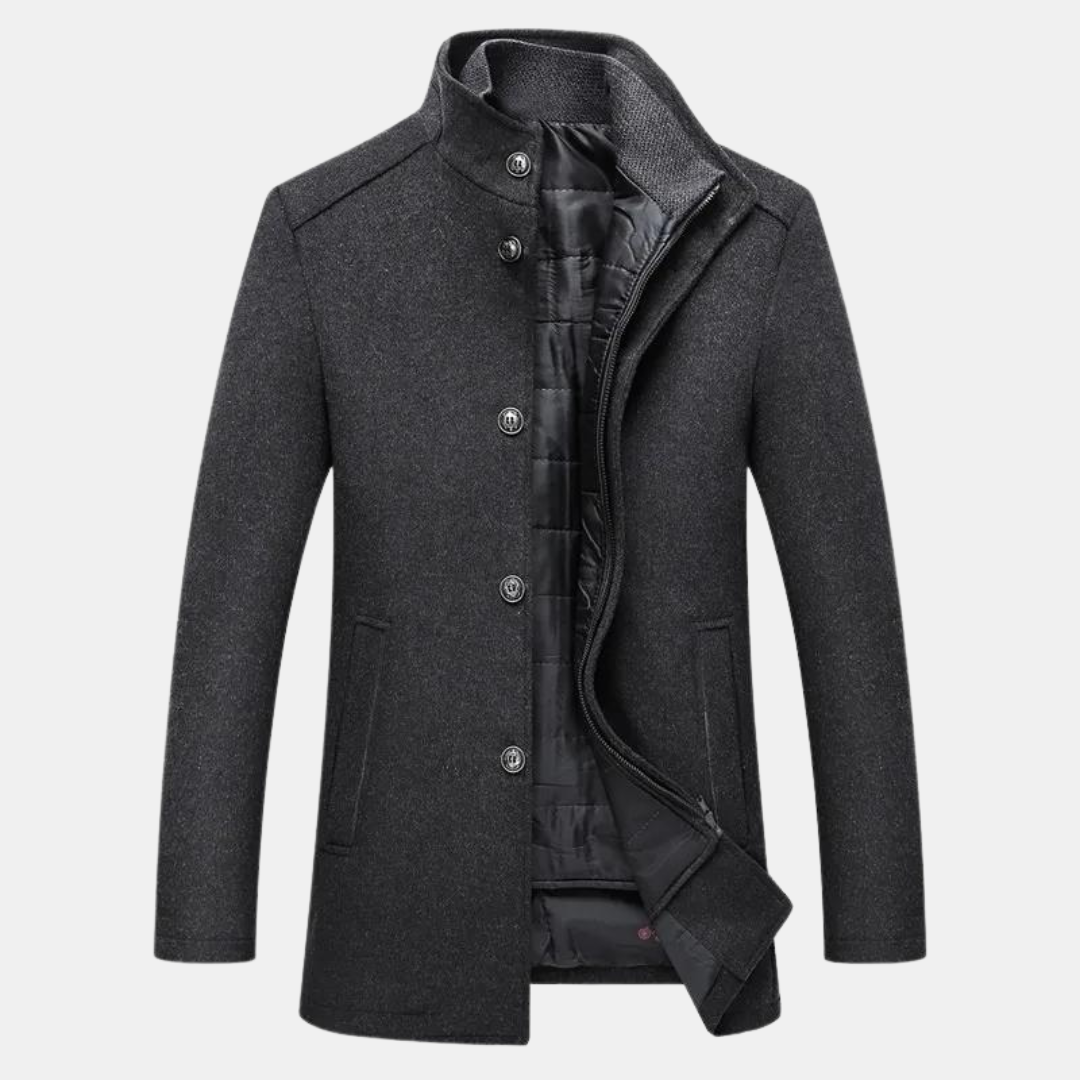 Men's grey wool stand-collar coat with button front and black inner panels