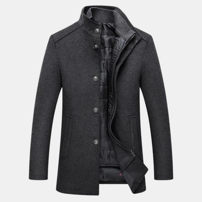 Men's grey wool stand-collar coat with button front and black inner panels