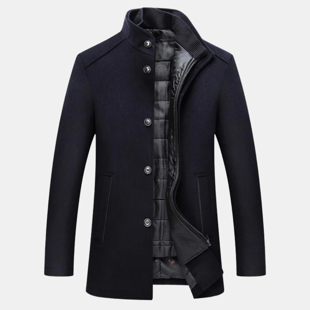 Men's navy wool stand-collar coat with button front and black quilted lining