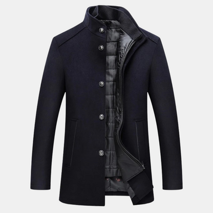 Men's navy wool stand-collar coat with button front and black quilted lining