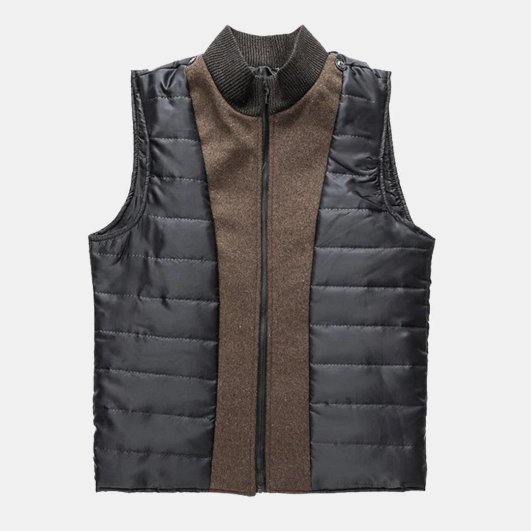 Men's dark puffer vest with knit stand collar and brown center stripe