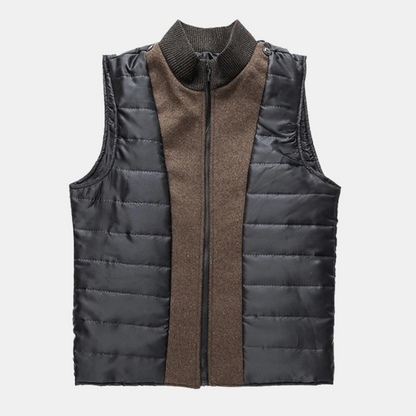 Men's dark puffer vest with knit stand collar and brown center stripe