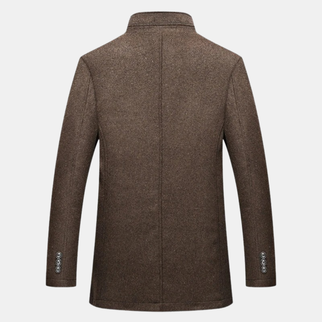 Men's brown wool stand-collar coat, back view with vertical seam