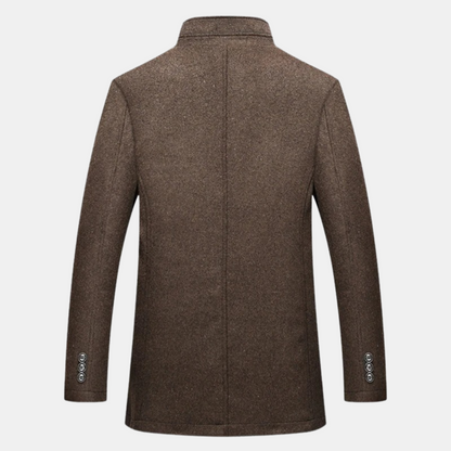 Men's brown wool stand-collar coat, back view with vertical seam