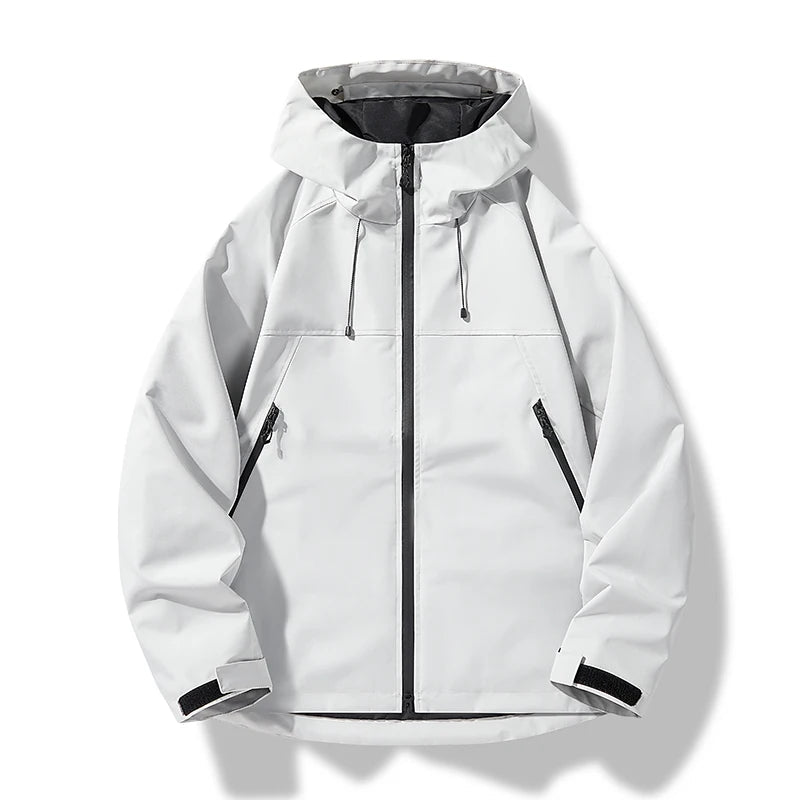 Men's waterproof hooded shell jacket in white, black zipper, black-lined hood
