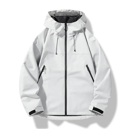 Men's waterproof hooded shell jacket in white, black zipper, black-lined hood