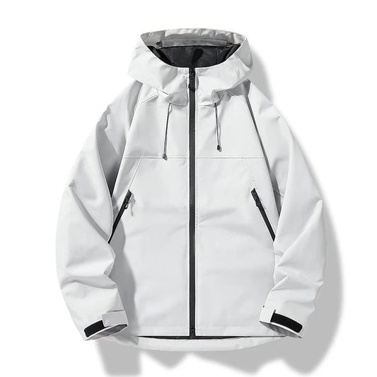 Men's waterproof hooded shell jacket in white, black zipper, black-lined hood