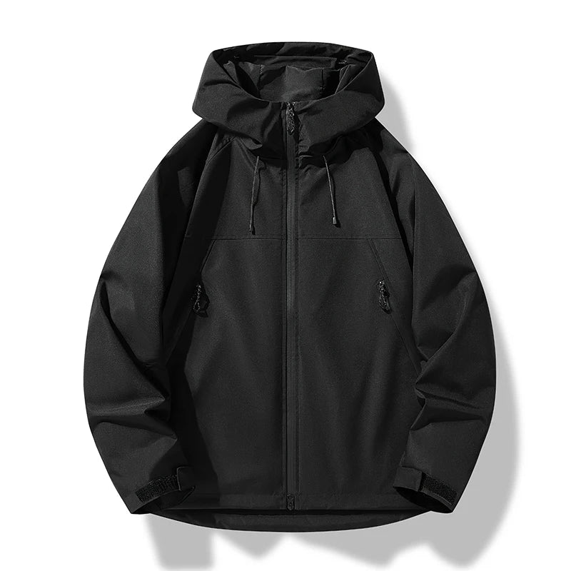 Men's waterproof hooded shell jacket in black, with zip front and drawstring hood