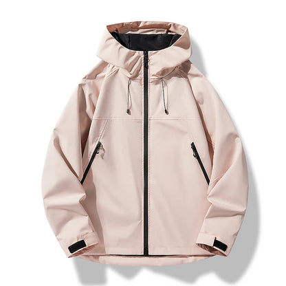 Men's waterproof hooded shell jacket in light pink, black zipper, black-lined hood