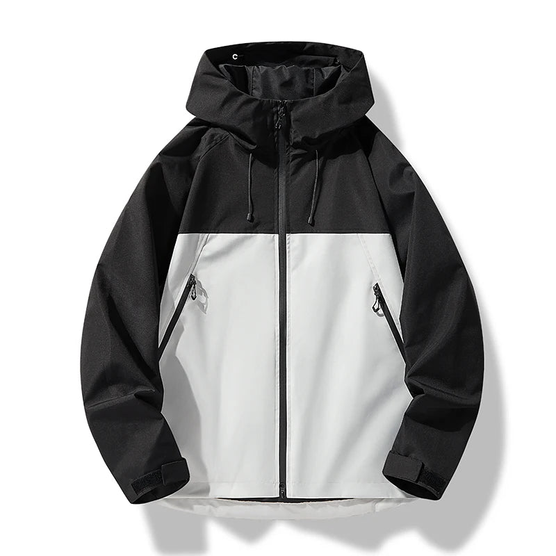 Men's waterproof hooded shell jacket, black and white colorblock with zip front