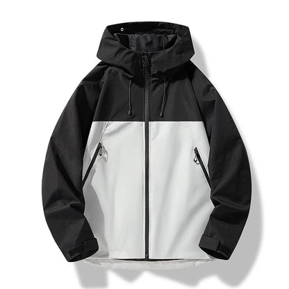 Men's waterproof hooded shell jacket, black and white colorblock with zip front