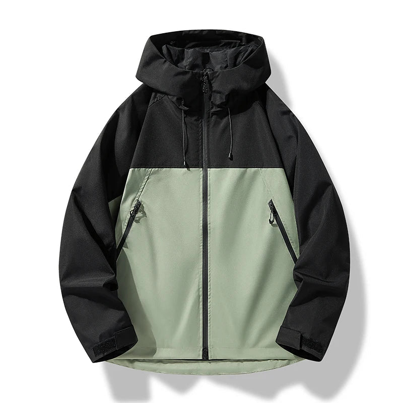 Men's waterproof hooded shell jacket, black with light green center panel and zip front