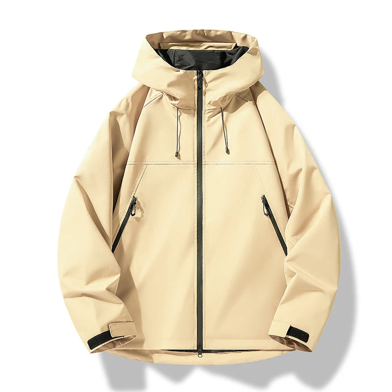 Men's waterproof hooded shell jacket in beige, black zipper, black-lined hood