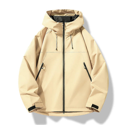 Men's waterproof hooded shell jacket in beige, black zipper, black-lined hood