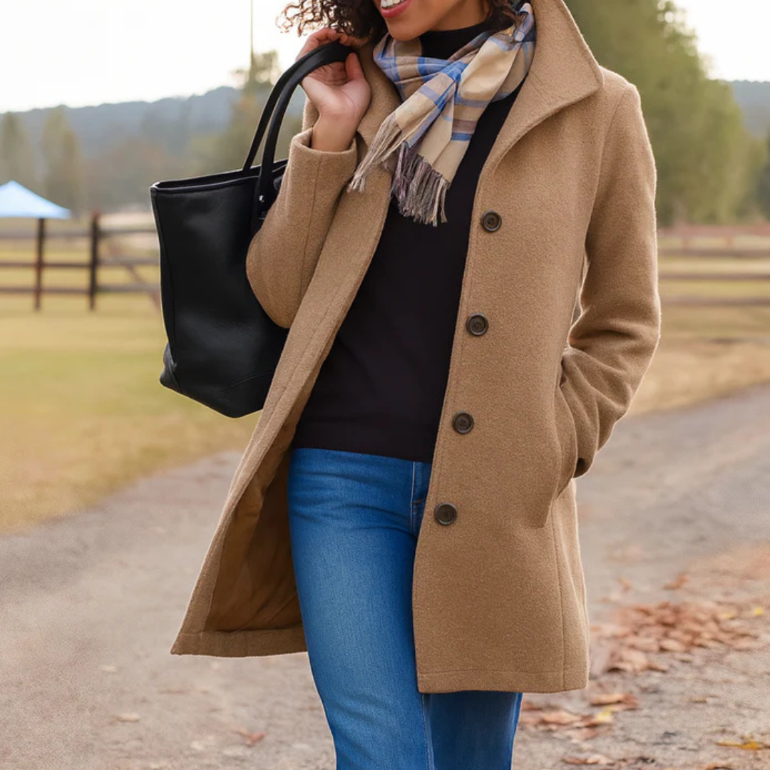 Women’s classic winter coat in khaki, long button-front wool blend with lapels