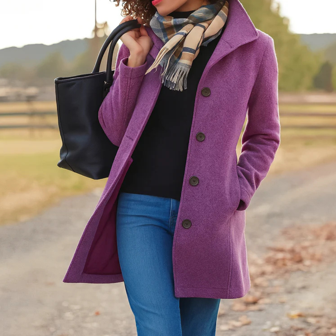 Women’s classic winter coat in purple, long button-front wool blend with lapels