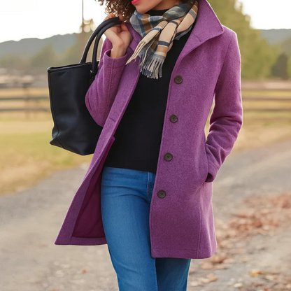 Women’s classic winter coat in purple, long button-front wool blend with lapels