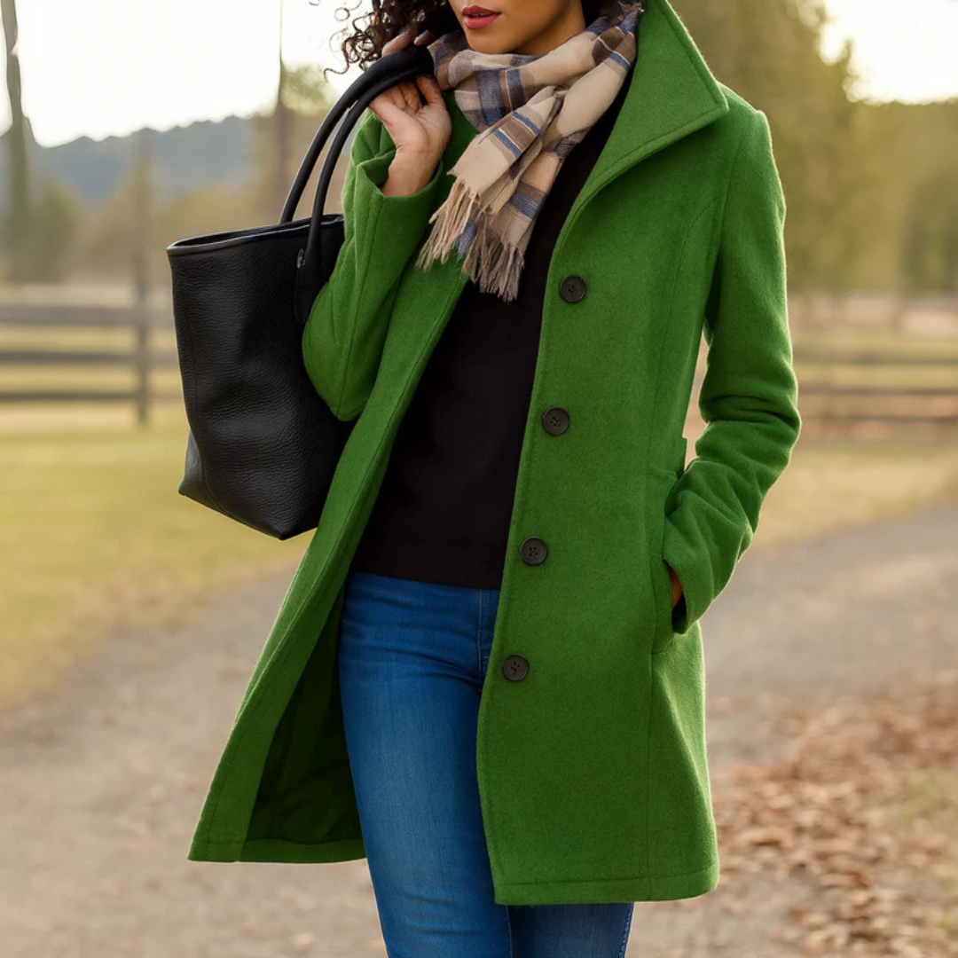 Women’s classic winter coat in moss green, long button-front wool blend with lapels