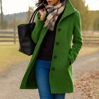 Women’s classic winter coat in moss green, long button-front wool blend with lapels