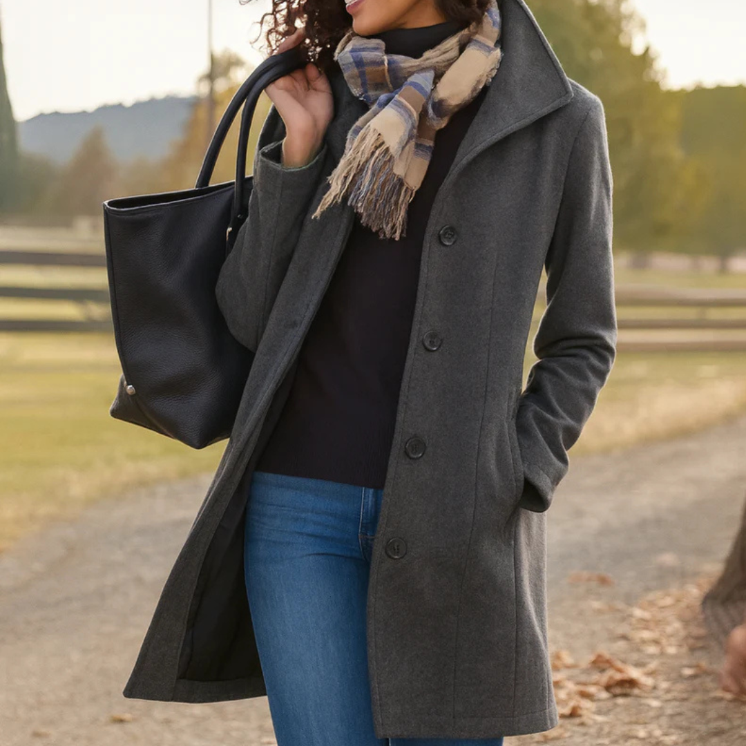 Women’s classic winter coat in grey, long button-front wool blend with lapels