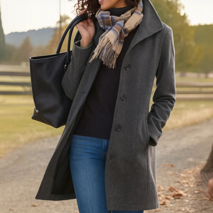 Women’s classic winter coat in grey, long button-front wool blend with lapels