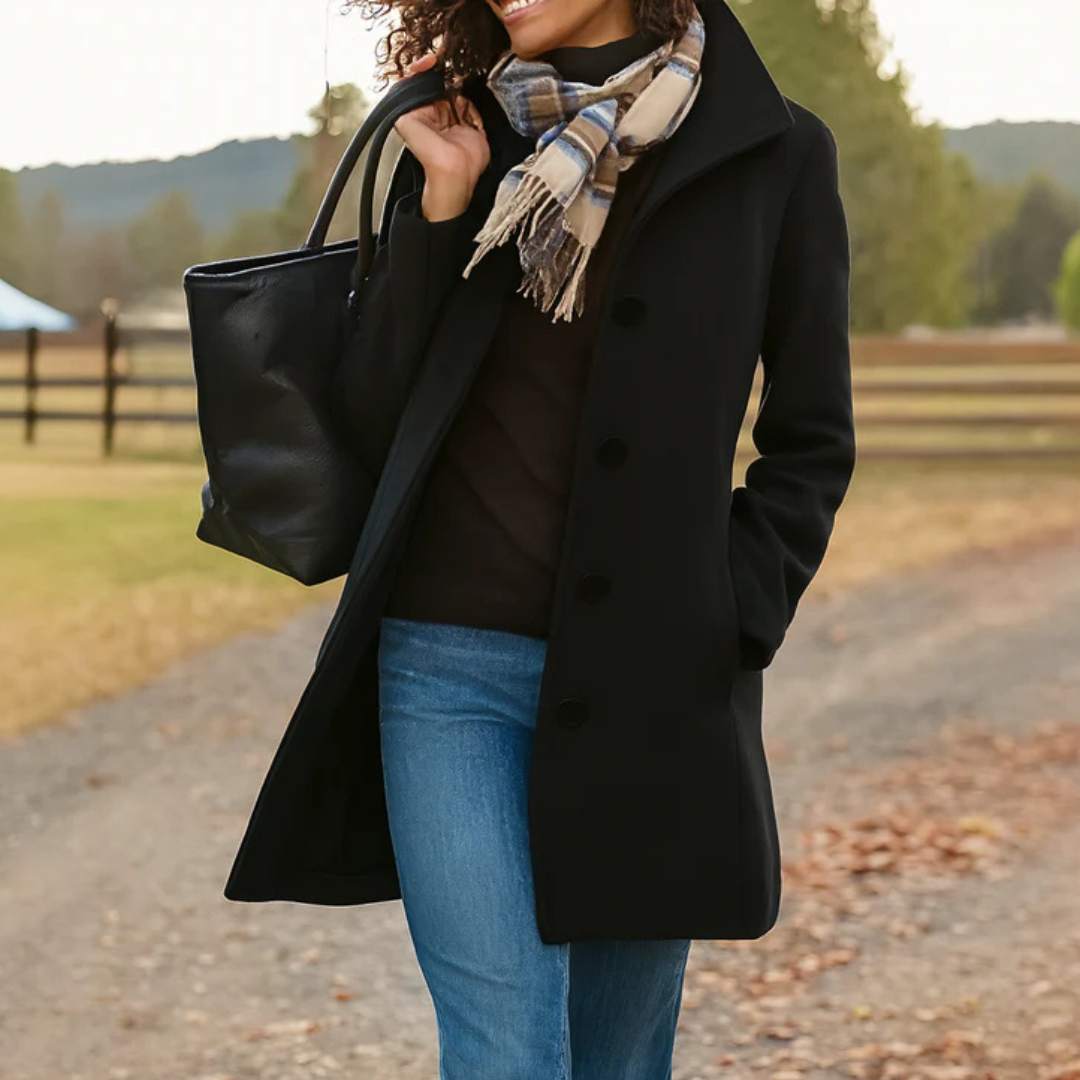 Women’s classic winter coat in black, long button-front wool blend with lapels
