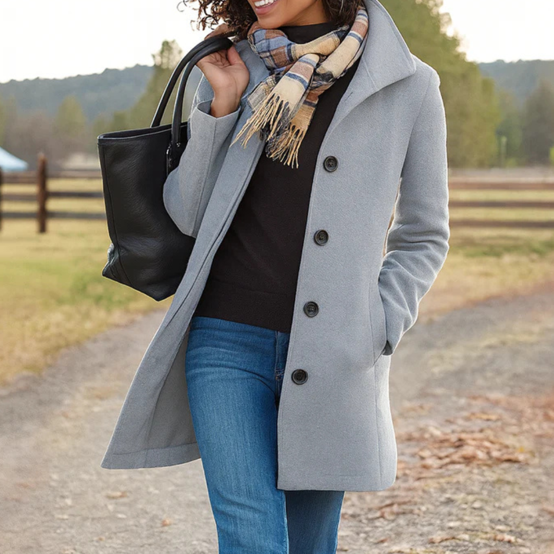 Women’s classic winter coat in light grey, long button-front wool blend with lapels