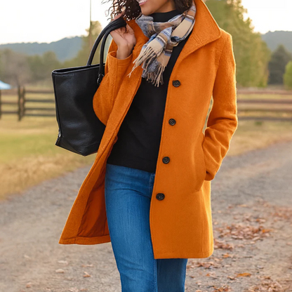 Women’s classic winter coat in orange, long button-front wool blend with lapels