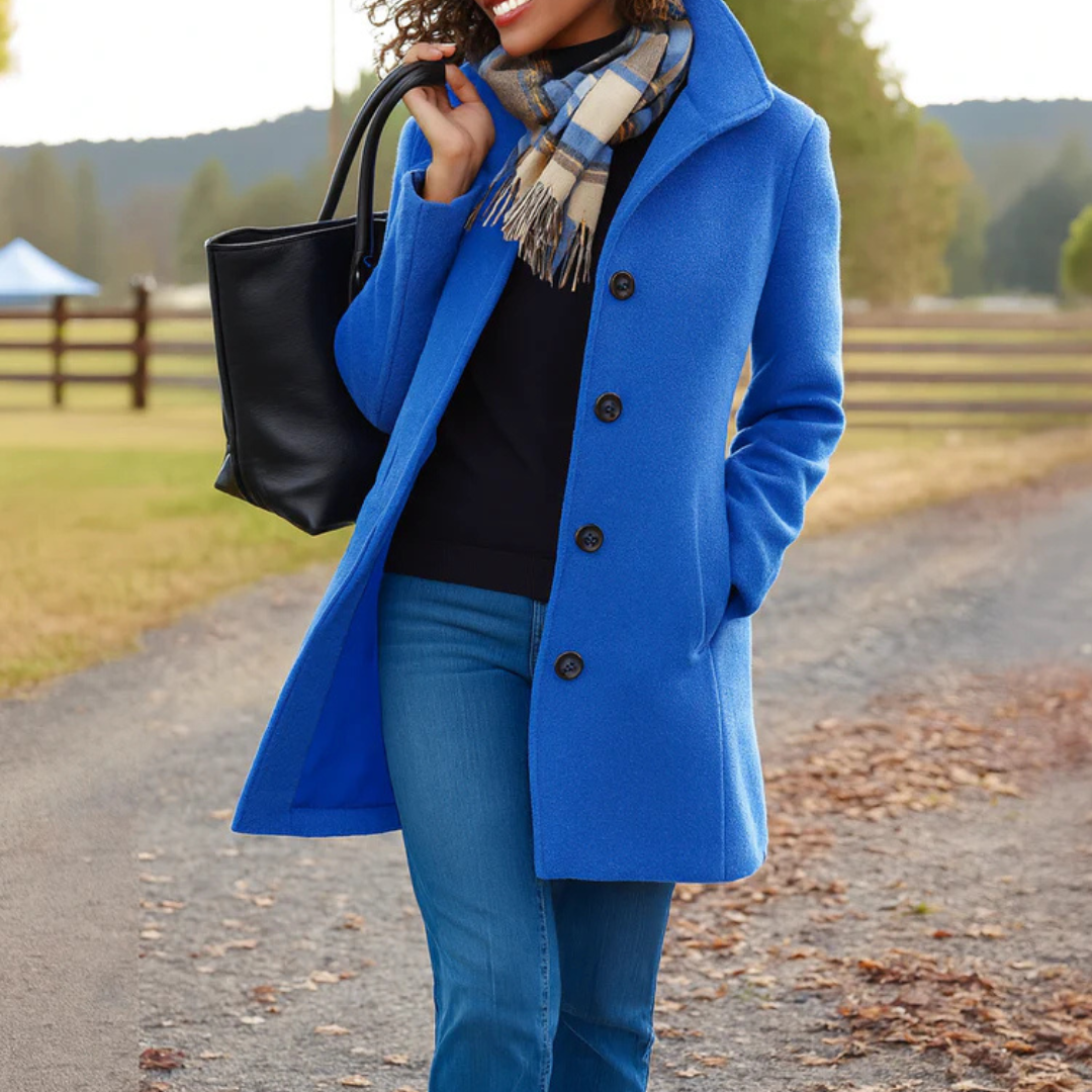 Women’s classic winter coat in blue, long button-front wool blend with lapels
