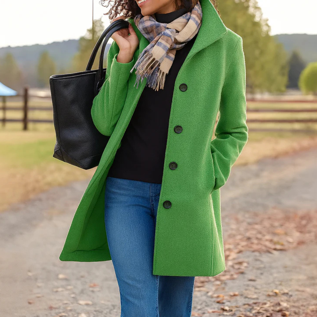 Women’s classic winter coat in green, long button-front wool blend with lapels