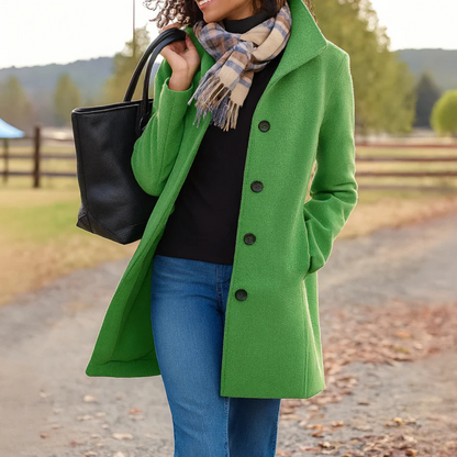 Women’s classic winter coat in green, long button-front wool blend with lapels