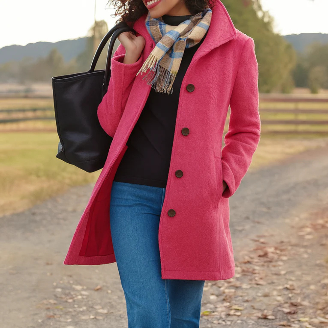 Women’s classic winter coat in pink, long button-front wool blend with lapels
