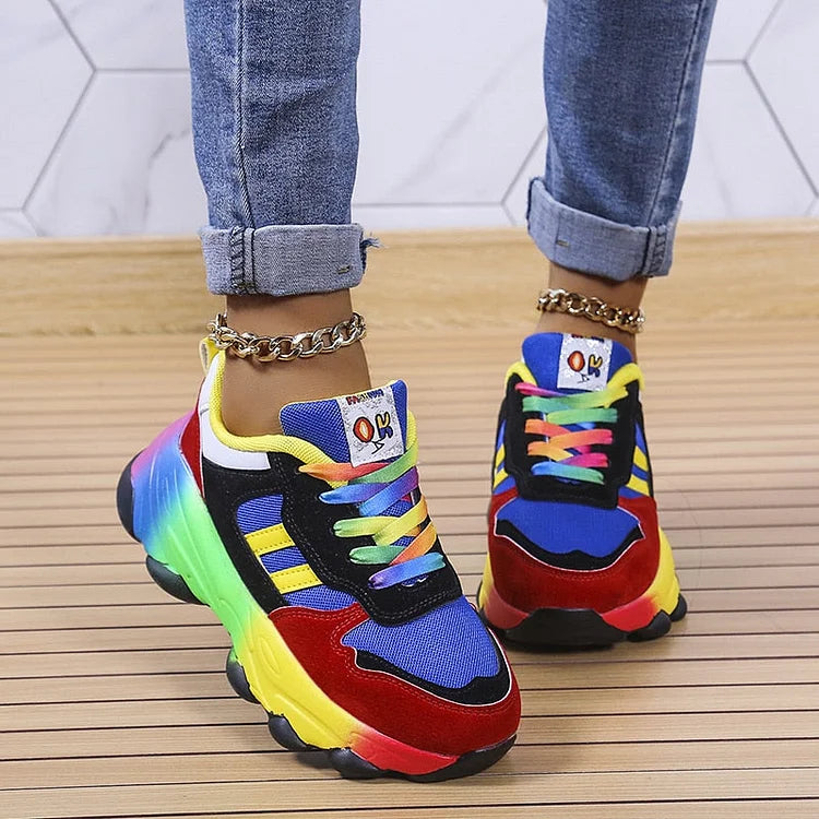 Multicolor lace-up chunky sneakers, rainbow soles with blue and yellow upper panels