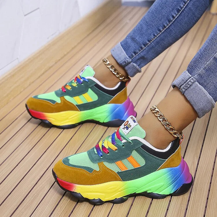 Multicolor lace-up chunky sneaker with green-and-yellow rainbow sole and side stripes