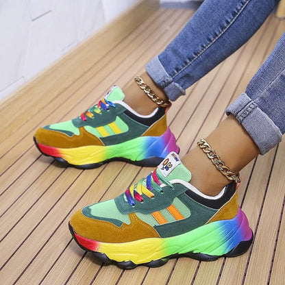 Multicolor lace-up chunky sneaker with green-and-yellow rainbow sole and side stripes