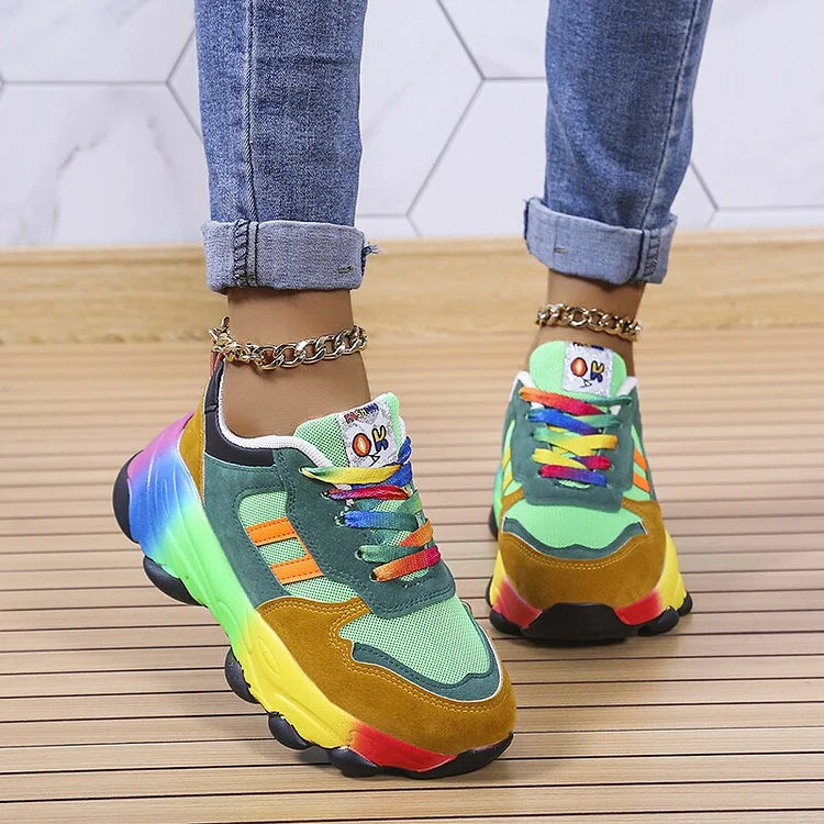 Multicolor lace-up chunky sneakers, turquoise and gold uppers with rainbow sole
