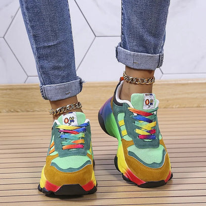 Multicolor lace-up chunky sneakers with green upper panels and multicolor rainbow soles