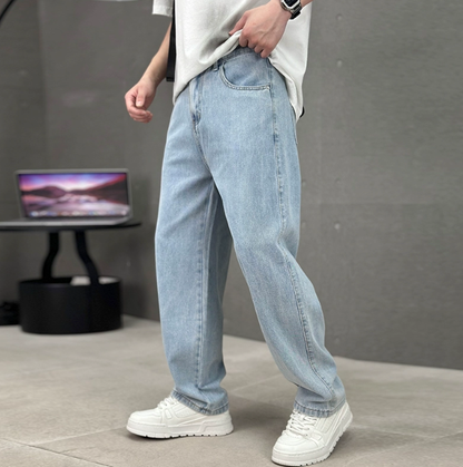 Men's straight-leg jeans, light blue denim, relaxed fit with front pockets