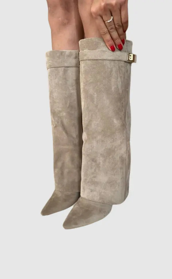 Women's taupe knee-high fold-over boots with square buckle on side cuff